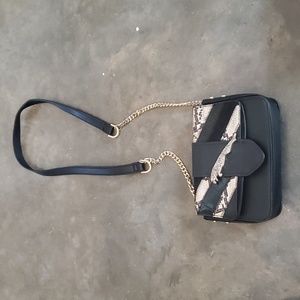 NWOT Topshop UK black faux Leather crossbody purse chain rhinestone cat